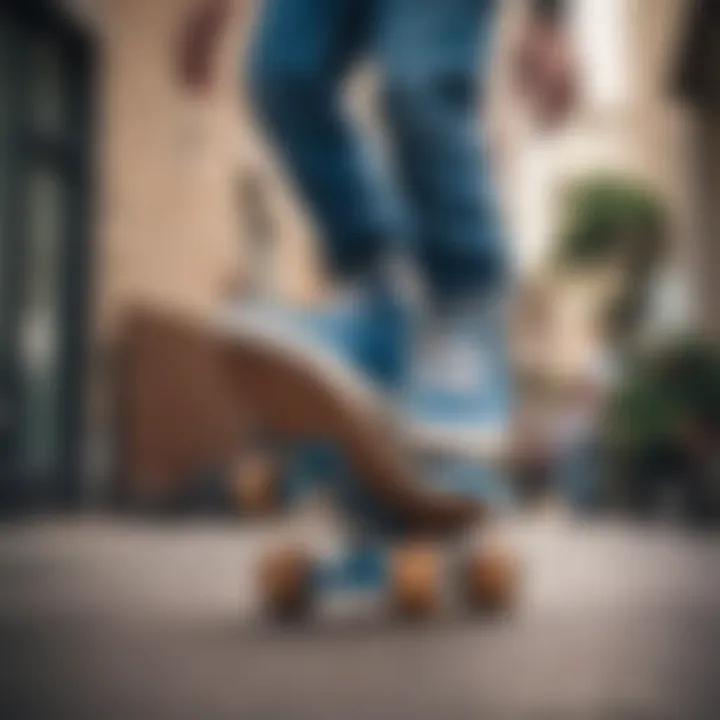 Skateboarder performing tricks while wearing blue Vans