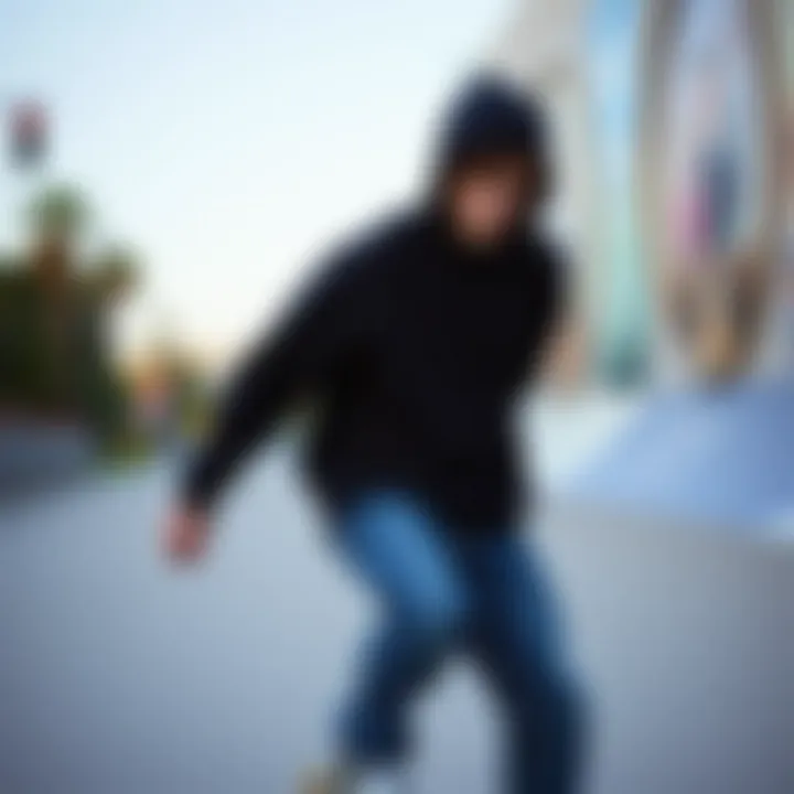 Stylish Appeal in Skateboarding Culture Stylish black sweatshirt on a skateboarder