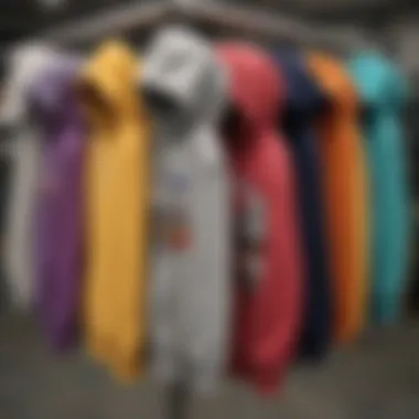 A collection of hoodies displayed on a rack, highlighting various designs and colors appealing to skateboard culture