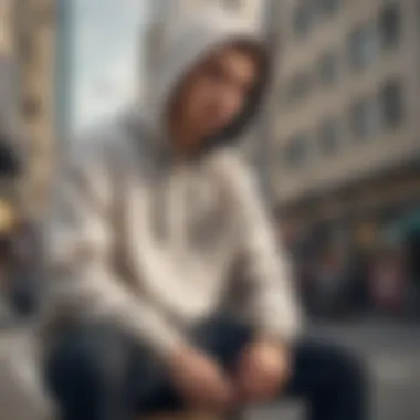 Relaxed Skateboarder in Functional Hoodie A skateboarder relaxing in a hoodie, emphasizing the casual and functional aspect of skateboarding attire