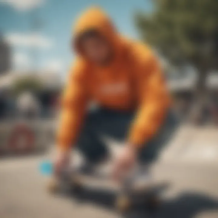 A stylish skateboarder wearing a vibrant hoodie while performing tricks in a skate park