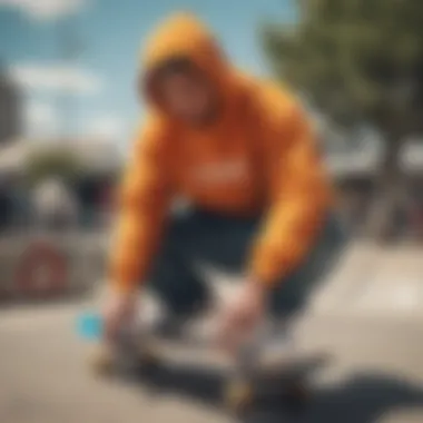 Stylish Skateboarder in Vibrant Hoodie A stylish skateboarder wearing a vibrant hoodie while performing tricks in a skate park