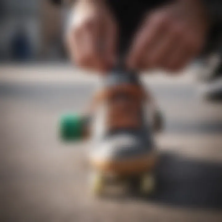 Skateboard laces being tied on a skateboard shoe