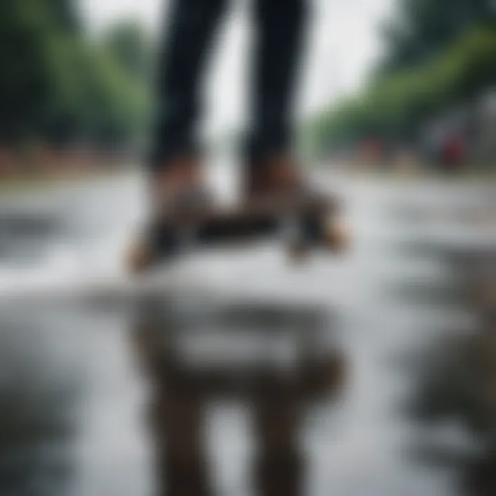 Rider enjoying a waterproof skateboard in wet conditions