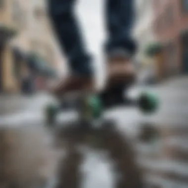 Waterproof electric skateboard on a rainy street