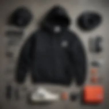 Flat lay of the black Nike hooded sweatshirt with skateboard accessories