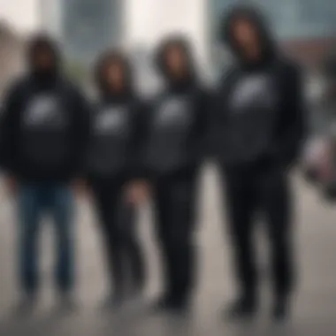 Group of skateboarders showcasing various styles including the black Nike hooded sweatshirt