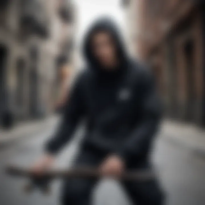 Skateboarder wearing the black Nike hooded sweatshirt in an urban setting