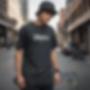 Skateboarder in Charcoal Tee Skateboarder showcasing a charcoal tee shirt in an urban setting