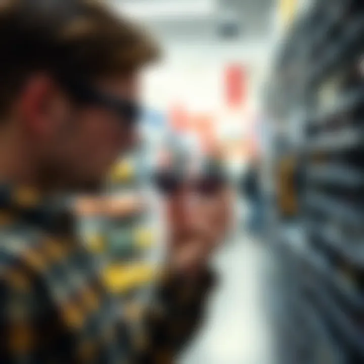 Consumer Decision-Making: Evaluating Sunglasses Options Consumer examining sunglasses in a store