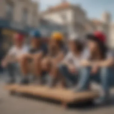 A group of skateboarders showcasing their unique snapback hats in an urban setting.