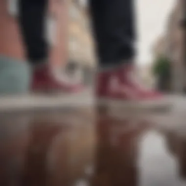 Group of skaters wearing Burgundy Vans High Top in an urban setting.