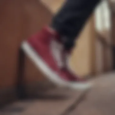 Burgundy Vans High Top sneakers displayed with various outfit styles.