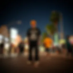 A vibrant street scene showcasing skateboarders in stylish streetwear.