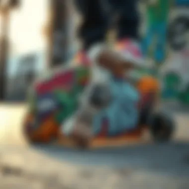 Graffiti and Streetwear Brands Close-up of a skateboard adorned with graffiti and vibrant streetwear brands.