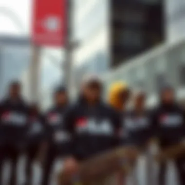 Diverse Skateboarding Styles with Fila Hoodies A group of skateboarders wearing various styles of Fila hoodies in an urban setting