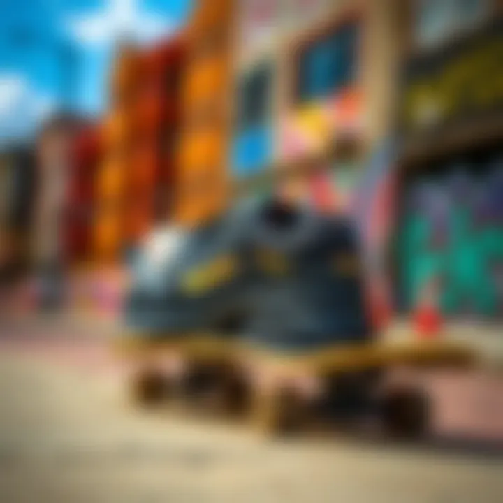 Fila Disruptor Black in Skate Culture Fila Disruptor Black displayed on a skateboard against a vibrant urban backdrop