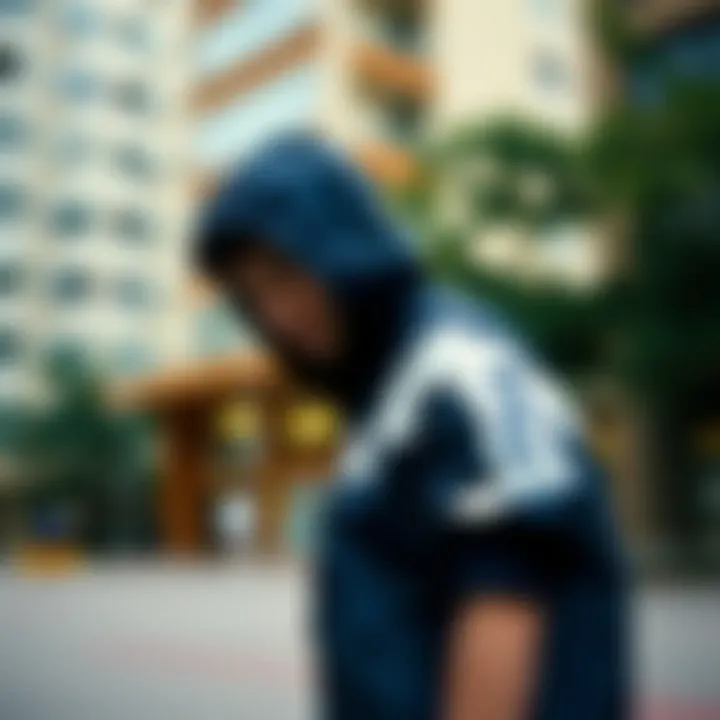 Skateboarder wearing a Fila windbreaker in an urban setting