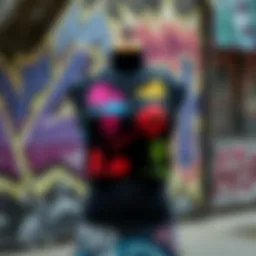 A vibrant graphic cropped tank top displayed against a street art backdrop