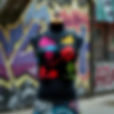 A vibrant graphic cropped tank top displayed against a street art backdrop