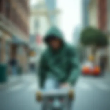 Street Vibes and Camouflage Aesthetics Skateboard with green camouflage hoodie in a street setting