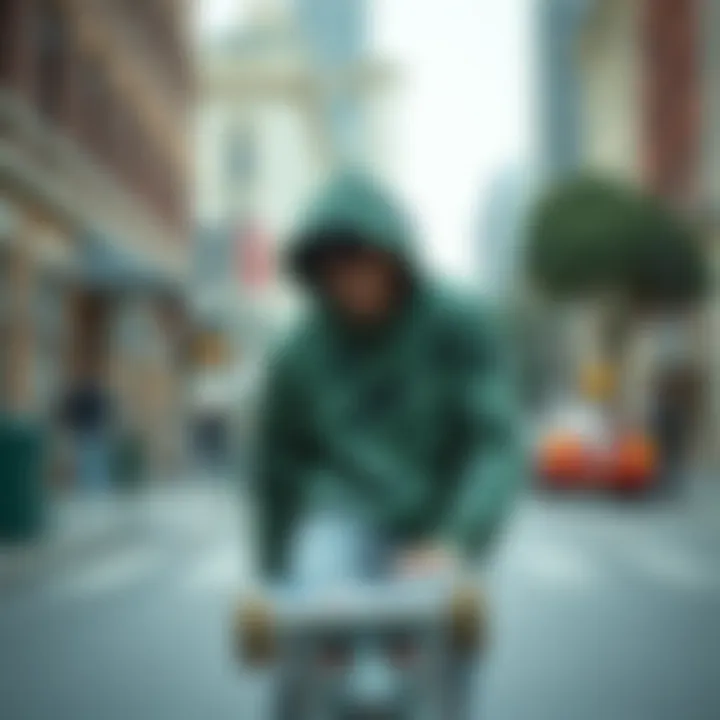 Street Vibes and Camouflage Aesthetics Skateboard with green camouflage hoodie in a street setting