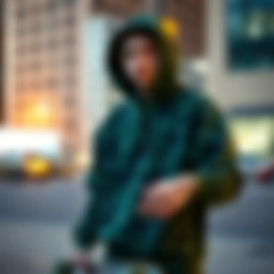 Urban skater showcasing a green camouflage hoodie