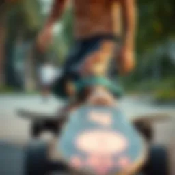 Dinosaur-themed board shorts displayed on a skateboard