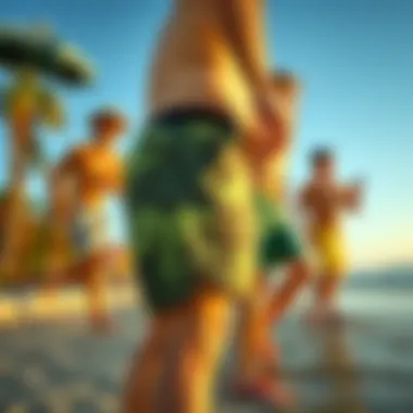 Outdoor Fun in Dinosaur Board Shorts Group of friends enjoying outdoor activities wearing dinosaur board shorts