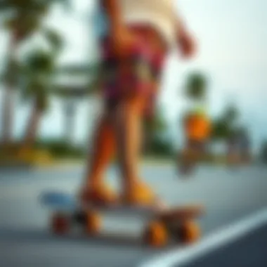 Artistic Skateboard Culture with Dinosaur Board Shorts Artistic representation of skateboard culture featuring dinosaur board shorts