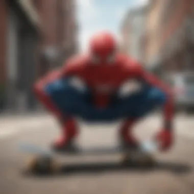 Iconic Spider-Man pose on a skateboard