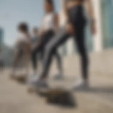 A group of skateboarders showcasing diverse styles with Adidas leggings