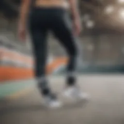 Adidas stripe leggings showcased in an urban skatepark setting