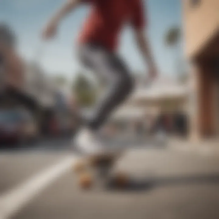 Skateboarder performing a trick while wearing Adidas stripe leggings