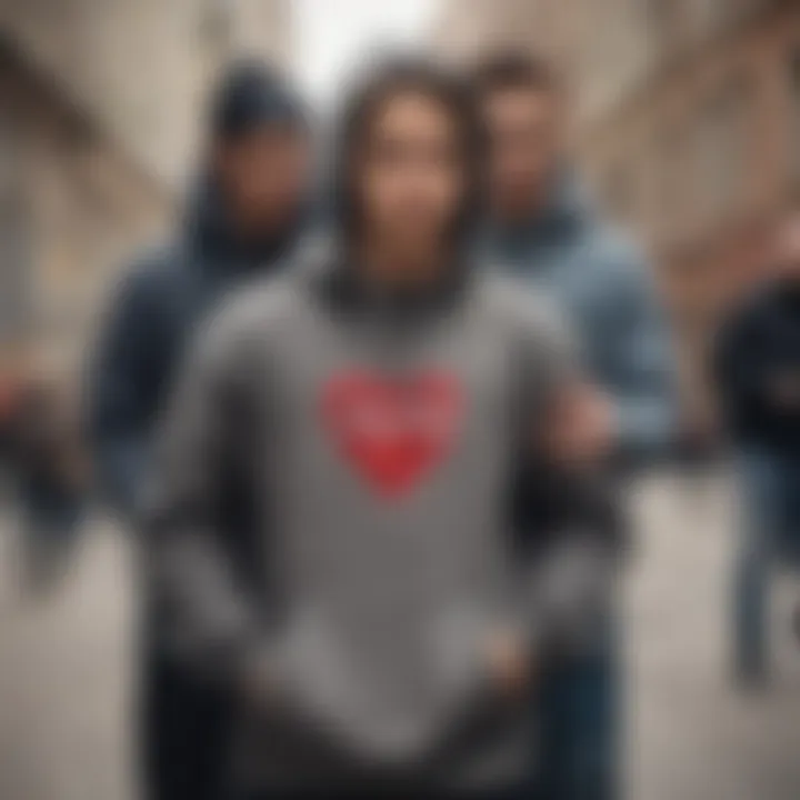 A group of skateboarders wearing the Broken Heart Hoodie in an urban setting