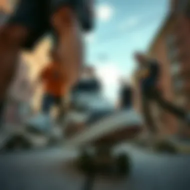 Skateboarders Footwear Choices A group of skateboarders showcasing their footwear choices in a dynamic urban landscape