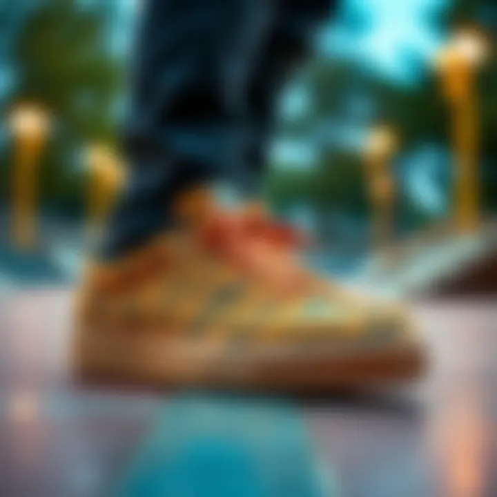 Tiger Shoes in Skate Culture Stylish Tiger shoes displayed in a vibrant skate park setting