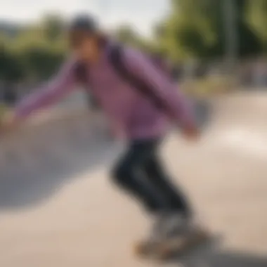 A skateboarder carrying the mauve backpack while performing tricks at a skate park.