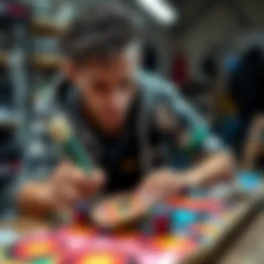 Creative Customization on Skateboard Decks An artist customizing an unfinished skateboard deck with vibrant paint and designs.