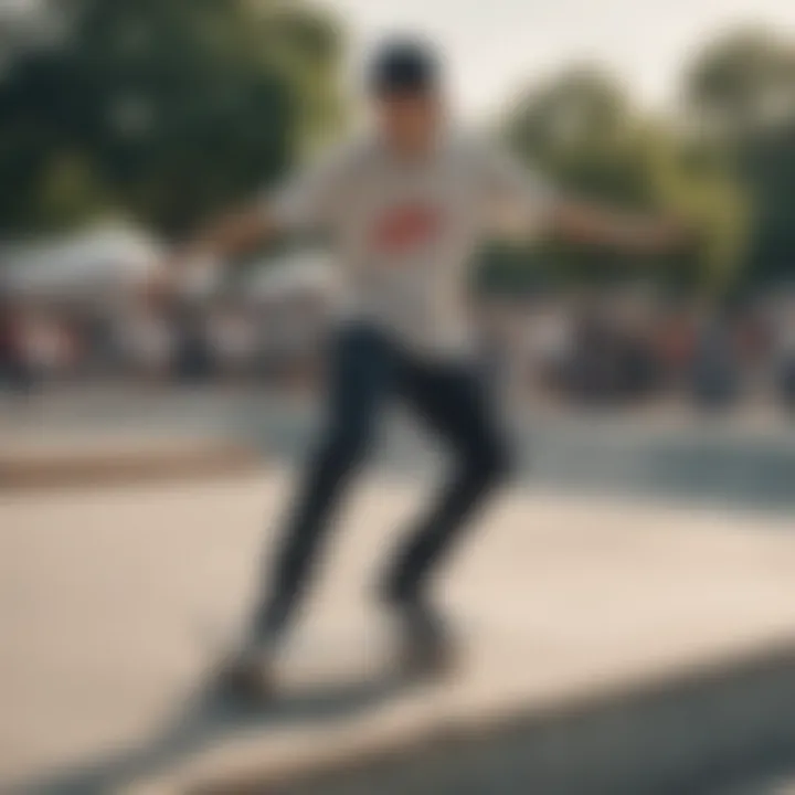 A skateboarder wearing a Nike t-shirt while performing a trick at a skate park.