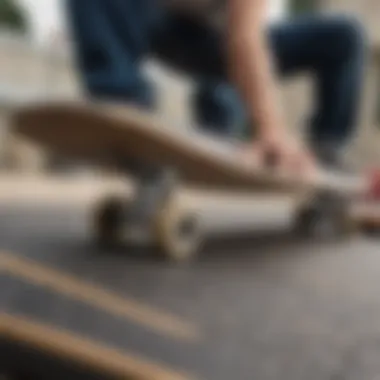 Close-up of skateboard deck during an ollie