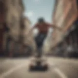 Skateboarder performing an ollie on a city street