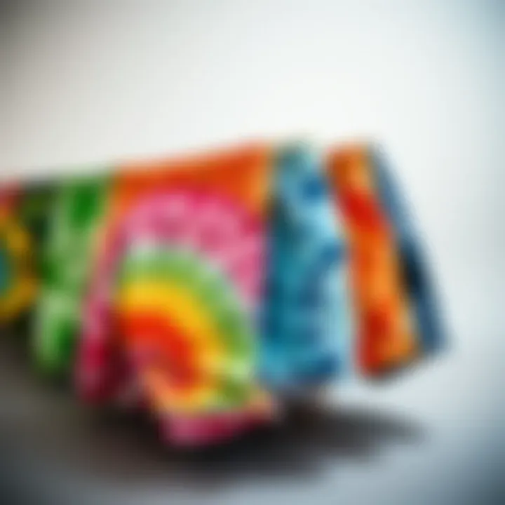 A collection of tie dye jean shorts in various colors