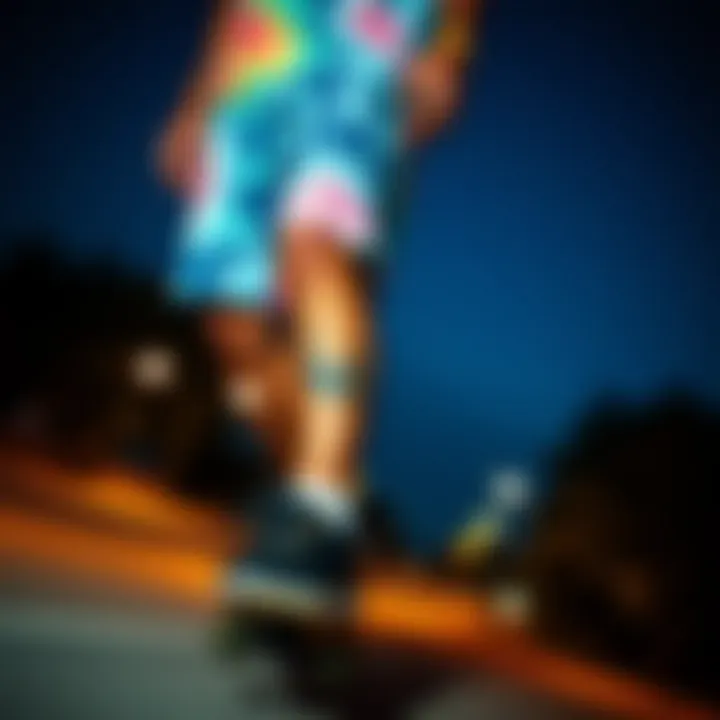 Skateboarder showcasing their tie dye jean shorts