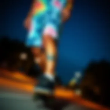 Skate Style: Embracing Tie Dye in Movement Skateboarder showcasing their tie dye jean shorts