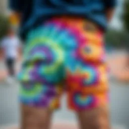 Vibrant tie dye patterns on jean shorts