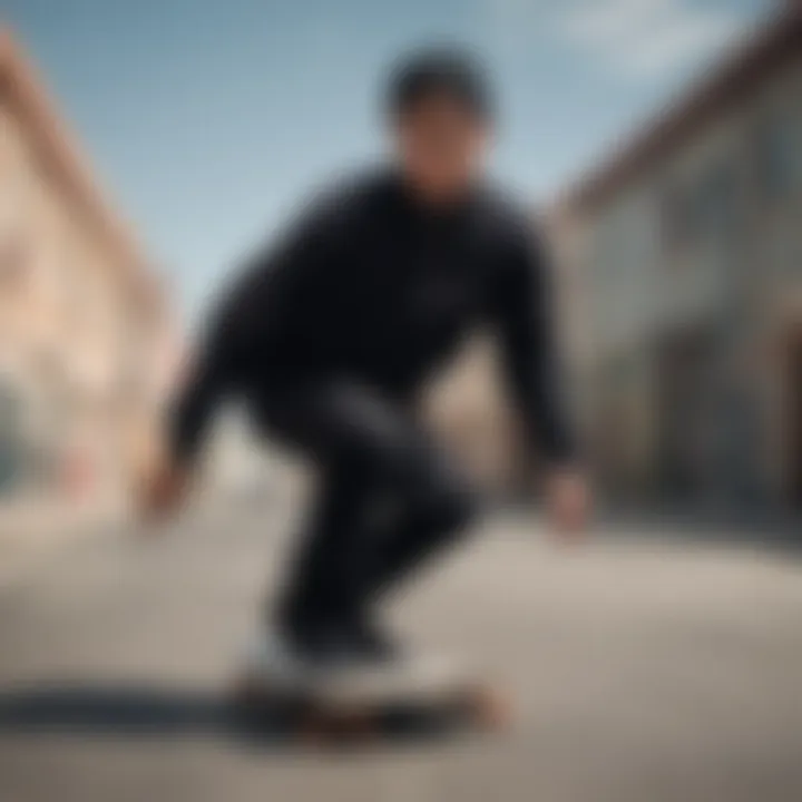 A stylish individual wearing a black cropped quarter zip on a skateboard