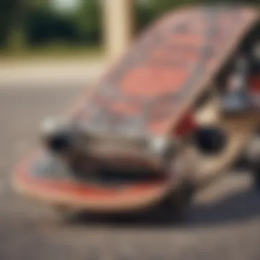 A skateboard deck with web belt accessories laid out