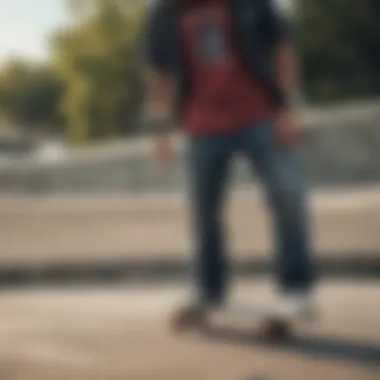 A skateboarder showcasing their outfit with a web belt