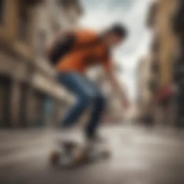 A skateboarder wearing an ergonomic backpack while performing tricks in an urban setting.